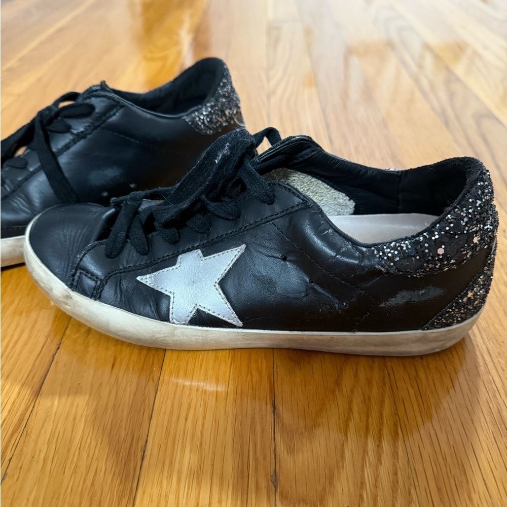 Golden Goose Leather Black and Silver Star Sneakers with Glitter Heel